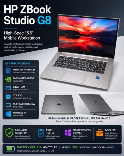 Hp Zbook Studio G8 I7-11850h Rtx A2000 32gb Ram 1tb Ssd 15.6 Workstation