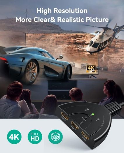 HDMI Switch, Gold Plated 3-Port HDMI Switcher/HDMI Splitter/Supports Full HD1080p/3D with High Speed Cable