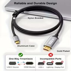 (3ft Long) USB-C to HDTV Cable Compatible for MacBook, Galaxy S9-S25, iPhone 15/16/17, iPad Pro, iMac, Surface -  4K Ultra HD High-Speed USB 3.1 Type-C to HDTV Cord with Thunderbolt 5/4/3 (for Smartphones, Tablets, Monitors, Projectors)
