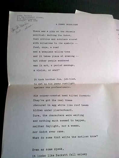 A penny rushlight Typed poem Waiting for Godot Samuel Beckett