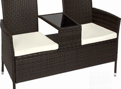 _Polyrattan Garden Bench with Table, 2-Seater, for Garden, Balcony and Patio, Plastic Feet, Garden Bench with Seat Cushion