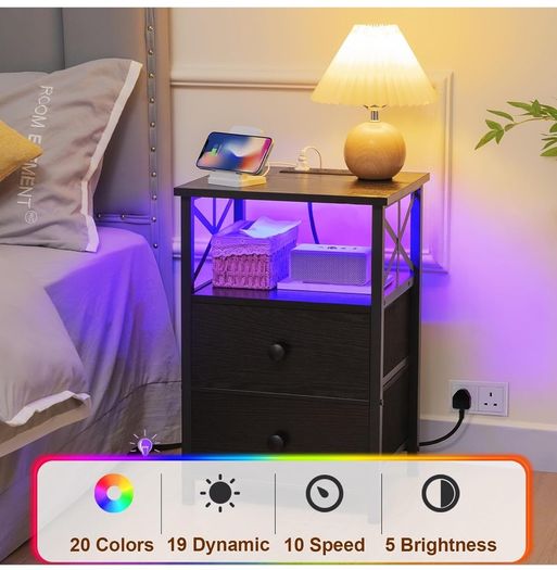 Bedside Table Set of 2, Side Table with Charging Station and Led Lights