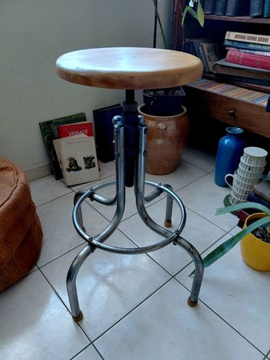 antique industrial stool wood seat metal legs strong sturdy