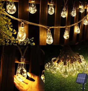 Solar Outdoor Hemp Rope String Lights - 8M 160 LED Waterproof Festoon with 16 Shatterproof Bulbs for Garden, Patio, Party, Yard, Xmas Decoration (Warm White)