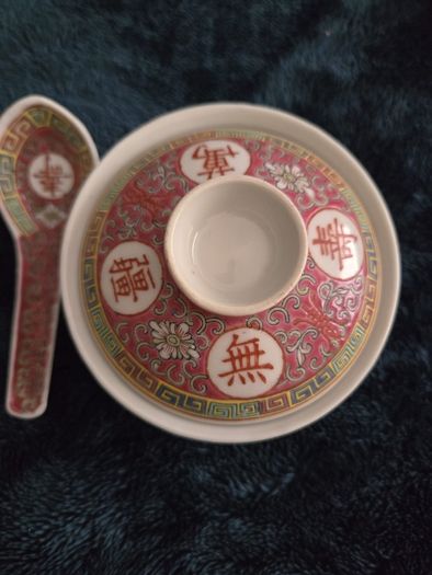 Vintage Jingdezhen Mun Shou Longevity Porcelain Rice Bowl Set, Red Famille Rose, 1960s/70s