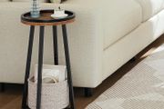 Round Side Table, 2 Tier Bedside Table with Storage Basket, Round Small Table Accent Corner Table Compact Sofa Table for Small Spaces, Living Room, Bedroom, Rustic Brown