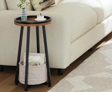 Round Side Table, 2 Tier Bedside Table with Storage Basket, Round Small Table Accent Corner Table Compact Sofa Table for Small Spaces, Living Room, Bedroom, Rustic Brown