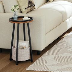 Round Side Table, 2 Tier Bedside Table with Storage Basket, Round Small Table Accent Corner Table Compact Sofa Table for Small Spaces, Living Room, Bedroom, Rustic Brown