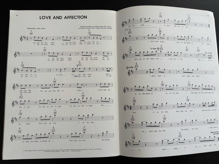 Def Leppard Hysteria music sheet book 1988