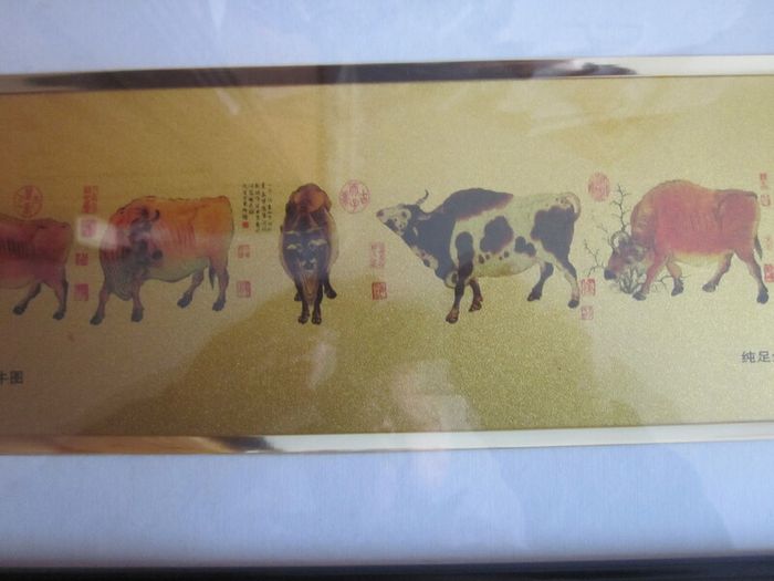 Chinese Framed Picture of Five Oxen/Cattle