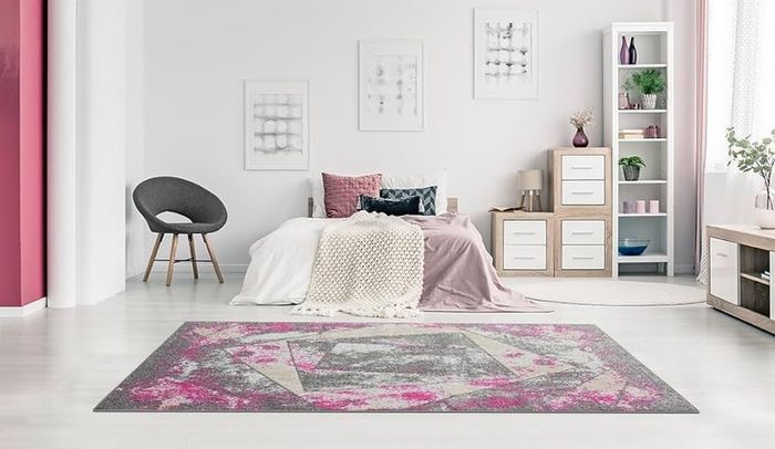 Living Room RUG - Short Pile, Bordered, Soft, Area Carpet for Bedroom & Home Decoration, Square Pattern Rugs, Contemporary, Small to Extra Large (Grey_Pink, 80 x 150 cm)
