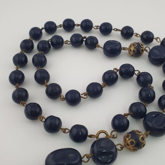 Antique African Style Cobalt Blue Glass & Brass Beads Long Necklace