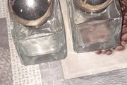 Beautiful Pair of Glass Salt and Pepper Cellars Silver Plated Tops