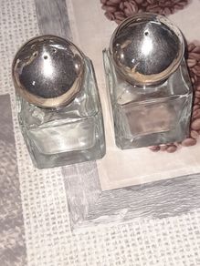 Beautiful Pair of Glass Salt and Pepper Cellars Silver Plated Tops