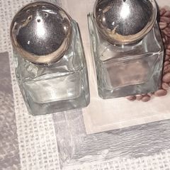 Beautiful Pair of Glass Salt and Pepper Cellars Silver Plated Tops