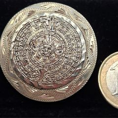 Vintage Taxco Mayan Calendar Disc Pendant Pin Brooch Sterling Silver