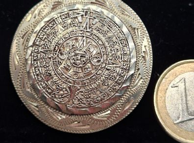 Vintage Taxco Mayan Calendar Disc Pendant Pin Brooch Sterling Silver