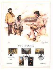 1980 Guernsey Limited Edition Lithographed Print measuring 333mm X 257mm showing  Peter Le Lievre Paintings Commemorative stamps with First Day of Issue Cancel