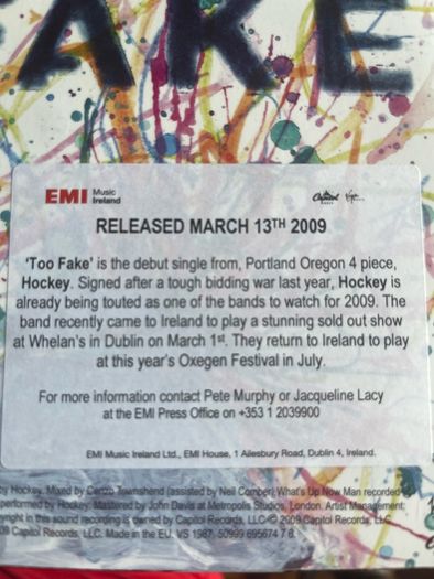 Hockey Too fake picture sleeve vinyl record single in vg+ condition