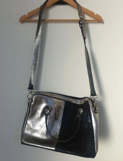 Genuine leather black and silver satchel messenger bag with adjustable strap