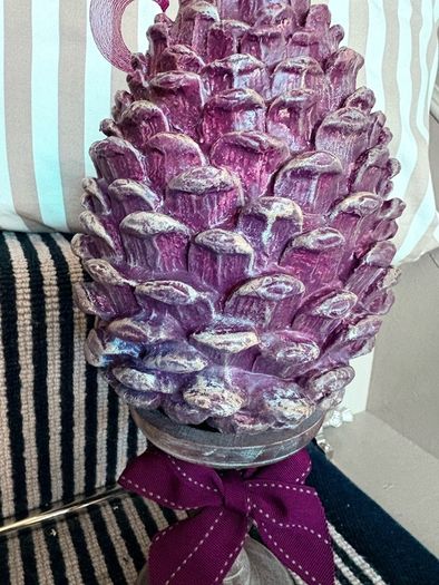 New bespoke oversized autumn Pinecone on distressed wood base in mulberry
