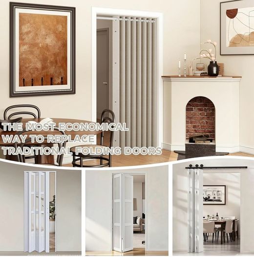 Temporary Door Curtain & Room Divider with Rod Linen Look, Folding Accordion Door Cover, with Magnetic Closures,W 60" x L77",Temporary Door