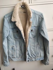 Topshop MOTO Light Wash Denim Sherpa Jacket UK 10