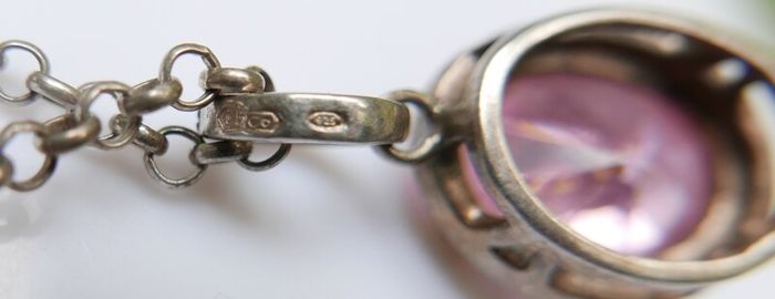 Vintage Sterling Silver 925 PINK OVAL CRYSTAL PENDANT NECKLACE Pea Chain traditional necklace length 20" - 14,8g