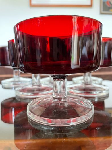 6 Vintage MCM Luminarc Cavalier Ruby Red with Smoked Glass Bowl Dessert Glasses Sherbet Cups French 1960 70s