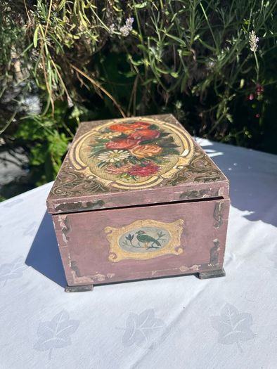 Hand painted wooden box with roses and cherubs