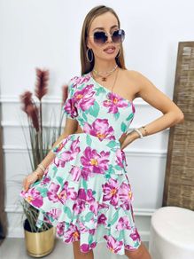 One shoulder green -purple floral dress