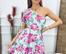 One shoulder green -purple floral dress