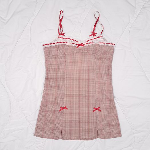 Kimchi Urban Outfitters Beige Red Plaid Lace Trim Bow Lexi Check Mini Dress Size M