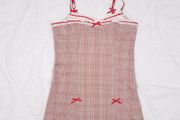 Kimchi Urban Outfitters Beige Red Plaid Lace Trim Bow Lexi Check Mini Dress Size M