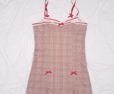 Kimchi Urban Outfitters Beige Red Plaid Lace Trim Bow Lexi Check Mini Dress Size M