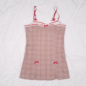 Kimchi Urban Outfitters Beige Red Plaid Lace Trim Bow Lexi Check Mini Dress Size M