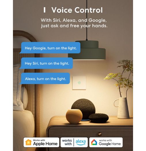 Meross Touch Light Switch, 1 Way Single Pole, Neutral Requires, Touch/Remote/Voice Control, LED Wall Switch with Timer, White, Compatible with Apple HomeKit, Alexa, Google