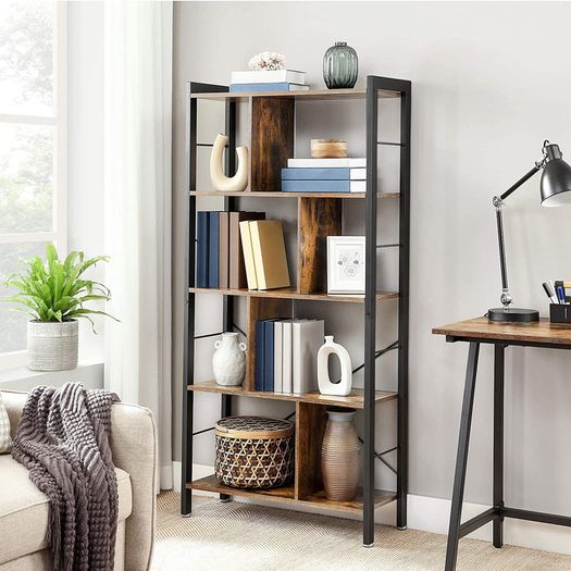 _bookshelf, shelf with 4 levels, standing shelf, bookcase, office shelf, industrial design, for living room, office, study, large, metal frame, vintage brown-black