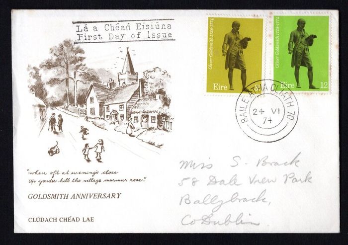 1974 Ireland Bi-Centenary of the Death of Oliver Goldsmith Commemorative Stamps Harp Cover Club First Day Cover (FDC)