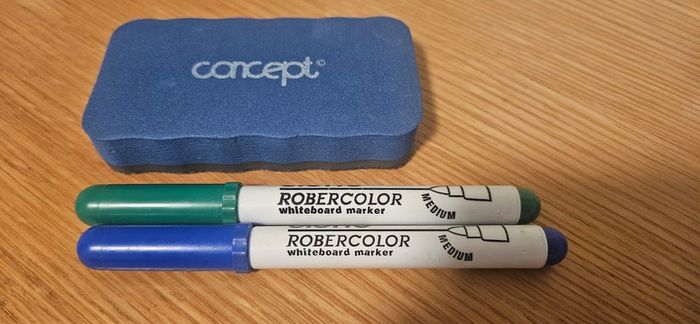 Whiteboard eraser and 2 whiteboard markers