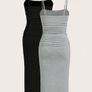2pcs Women'S Summer Slim-Fitting Suspender Skirt Slit Casual Mid-Length Dress Image 2