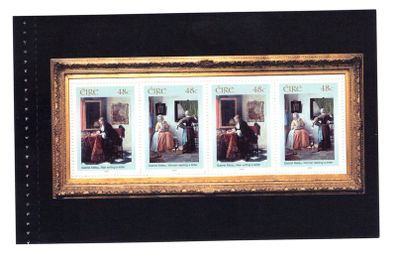 2003 Ireland 140th Anniversary of National Gallery of Ireland 2nd Issue Commemorative Stamp Booklet Pane "Man Writing a Letter" & "Woman Reading a Letter" by Gabriel Metsu, Mint Never Hinged (MNH). Hibernian HB142