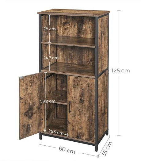 Bookcase, Book Cabinet, Office Shelf, Kitchen Cabinet with 2 Open Compartments, Adjustable Shelf in Cupboard, Multifunctional, Industrial Design, Vintage Brown/Black