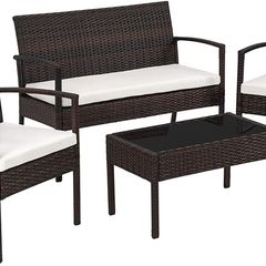 _Poly Rattan garden furniture wicker set with glass table brown black