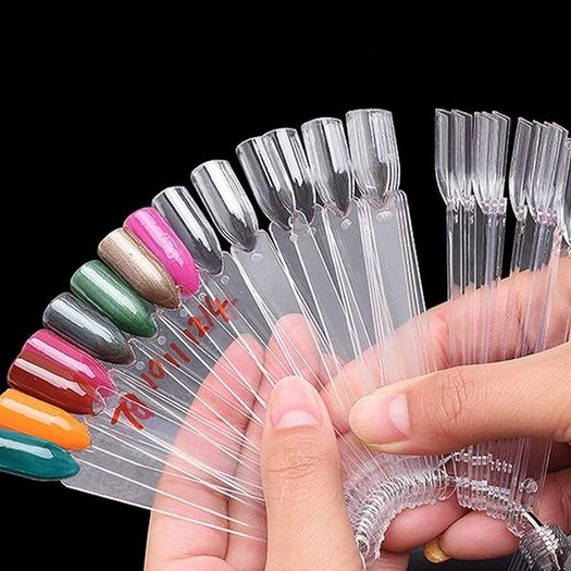 NEW SALE | Colour Display Tips, Clear Nail Swatch Sticks, Salon Nail Display Tips, Nail Samples Stickers for Nail Art Design Nail Practice | Fan Shape, with Metal Ring, Pack of 50