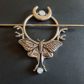 Large Moth Hair Slide with Crescent Moon | Celestial Hair Pin for Thick Hair | Silver Moth Shawl Pin | Goth Witchy Accessories