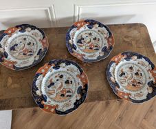 Antique 1820's Masons "Bird and Basket" plates. Dublin retailer mark. Thomas & Higginbotham
