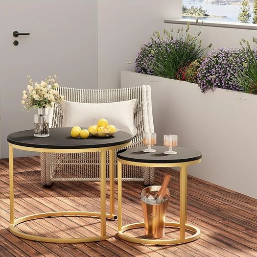 Round Coffee Tables, Set of 2 End Table, Nesting Tables, Side Table Metal Gold Frame for Living Room/Bedroom/Balcony/Office/Apartment, Diameter 23.6/15.7 IN, Black Top, Prevent right angles
