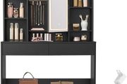LED Dressing Table with Lighting, Mirror with LED, 2 Drawers Adjustable Shelves Black Ink 3 Colours with Adjustable Brightness