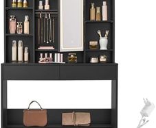 LED Dressing Table with Lighting, Mirror with LED, 2 Drawers Adjustable Shelves Black Ink 3 Colours with Adjustable Brightness